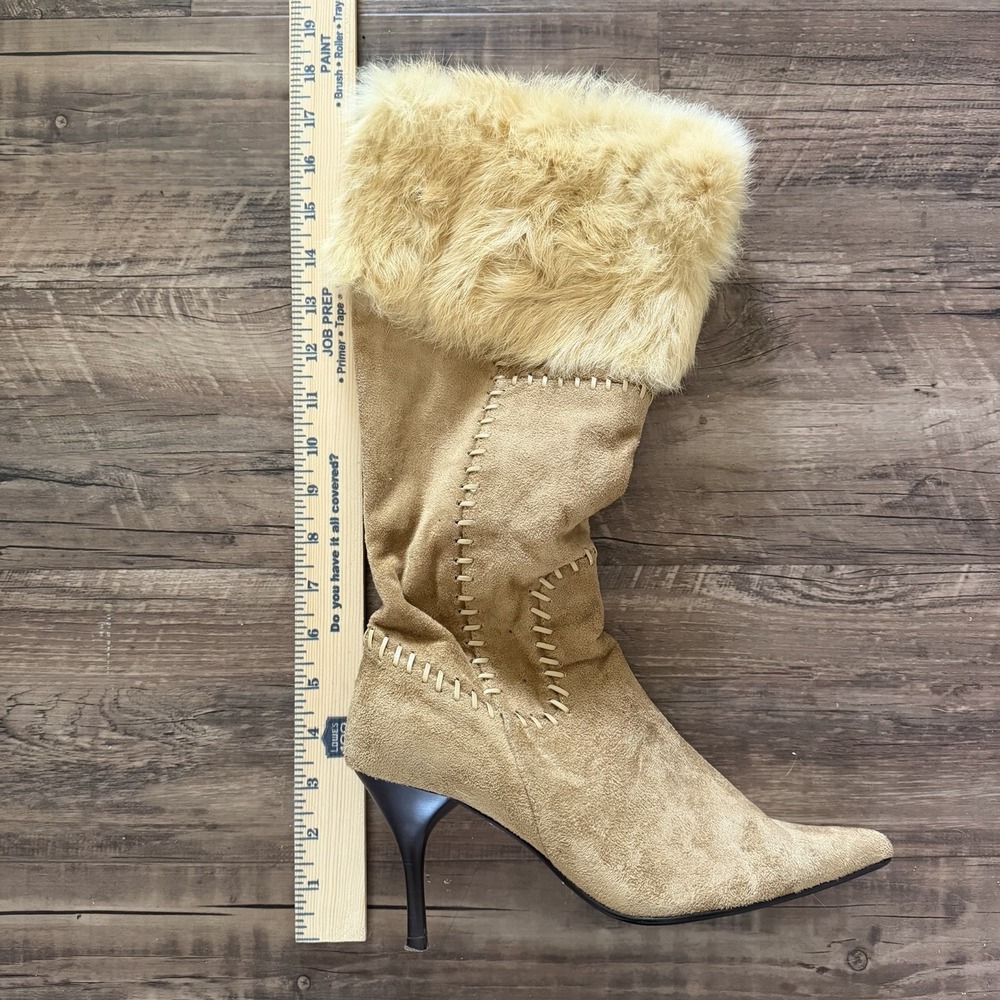 VTG Y2K Fur Heel Boots 8.5 Suede Tan Knee High Western Boho Penny Lane Pointed - Picture 9 of 16